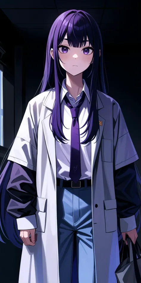 1girl, bag, bangs, belt, collared_shirt, cowboy_shot, expressionless, eyebrows_visible_through_hair, holding_bag, jacket, long_hair, long_sleeves, looking_at_viewer, necktie, off_shoulder, open_clothes, open_jacket, pants, pocket, purple_eyes, purple_hair, purple_necktie, shirt, solo, standing, very_long_hair, white_shirt