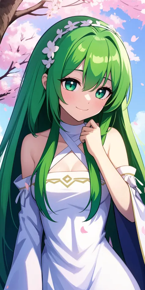 1girl, bangs, bare_shoulders, blue_sky, blush, branch, breasts, cherry_blossoms, closed_mouth, collarbone, day, detached_sleeves, dress, eyebrows_visible_through_hair, falling_petals, flower, green_eyes, green_hair, hair_between_eyes, halterneck, hanami, long_hair, long_sleeves, looking_at_viewer, outdoors, petals, pink_flower, sidelocks, sky, smile, solo, spring_\(season\), tree, very_long_hair, white_dress