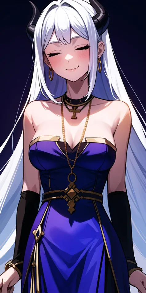 1girl, bare_shoulders, blush, breasts, cleavage, closed_eyes, collarbone, cross_earrings, dress, earrings, facing_viewer, hoop_earrings, horns, jewelry, long_hair, medium_breasts, purple_dress, silver_hair, smile, solo, standing, strapless, very_long_hair