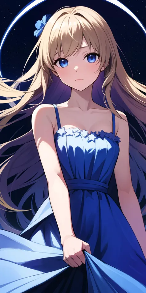 1girl, aurora, bangs, bare_arms, bare_shoulders, blue_dress, blue_eyes, blue_flower, breasts, closed_mouth, clothes_lift, collarbone, constellation, crescent_moon, dress, dress_lift, earth_\(planet\), floating_hair, flower, full_moon, galaxy, hair_flower, hair_ornament, long_hair, looking_at_viewer, milky_way, moon, moonlight, night, night_sky, planet, shooting_star, skirt_hold, sky, sleeveless, solo, space, star_\(sky\), starry_sky, starry_sky_print, very_long_hair