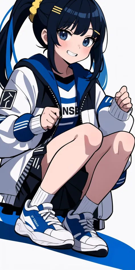1girl, bangs, black_hair, black_skirt, blush, grin, hair_ornament, hair_scrunchie, hairclip, hood, jacket, letterman_jacket, long_hair, long_sleeves, looking_at_viewer, open_clothes, open_jacket, pleated_skirt, ponytail, scrunchie, shirt, shoes, skirt, sleeves_past_wrists, smile, sneakers, socks, solo, squatting, teeth, white_footwear, white_jacket, white_legwear
