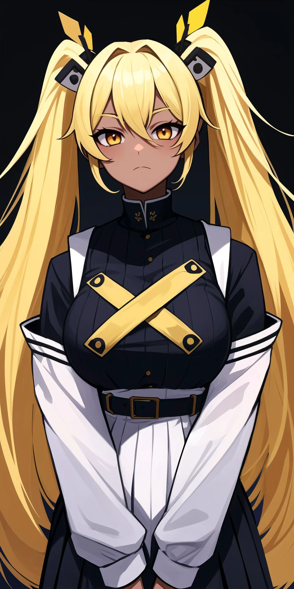 1girl, bangs, belt, blonde_hair, breasts, closed_mouth, dark-skinned_female, dark_skin, eyebrows_visible_through_hair, hair_between_eyes, jacket, long_hair, long_sleeves, looking_at_viewer, off_shoulder, skirt, solo, twintails, very_long_hair, virtual_youtuber, white_jacket, yellow_eyes