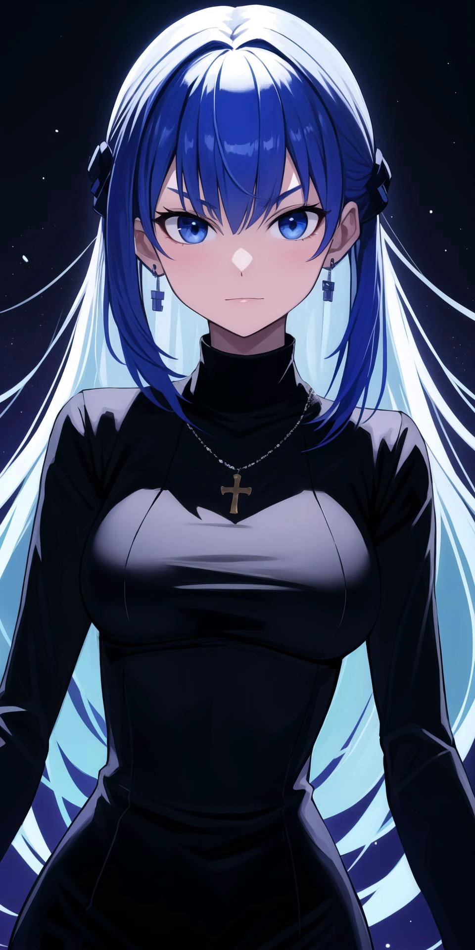 1girl, anger_vein, bangs, black_dress, blue_eyes, blue_hair, breasts, closed_mouth, cross, cross_earrings, cross_hair_ornament, cross_necklace, dress, earrings, eyebrows_visible_through_hair, hair_ornament, jewelry, large_breasts, latin_cross, long_hair, long_sleeves, looking_at_viewer, necklace, solo, star_\(symbol\), star_earrings, star_necklace, twintails, very_long_hair, x_hair_ornament