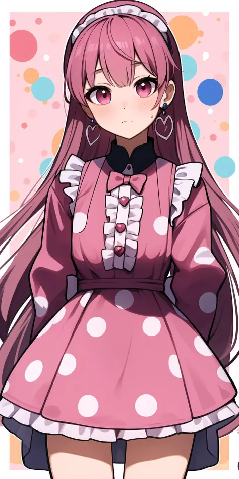 1girl, bangs, blush, closed_mouth, cowboy_shot, earrings, eyebrows_visible_through_hair, frills, hairband, heart_earrings, jewelry, long_hair, looking_at_viewer, maid_headdress, pink_dress, pink_eyes, pink_hair, pink_skirt, polka_dot, polka_dot_background, polka_dot_dress, skirt, solo, standing, very_long_hair