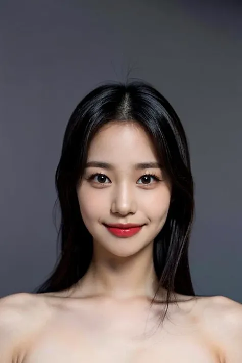 (masterpiece, top quality, best quality, (close-up photograph: 2), ((1girl)), fair skin, (((closed lips))), (extremely detailed face), looking straight, ultra-detailed eyes and pupils, ((bare pectorals)), ((bare chest)), bare head, nude dress, (((bare shoulders))), symmetrical frame, ((strapless)), (((smile))), ((symmetrical pose)), looking at viewer, (((looking at viewer))), ((symmetrical face: 1.6)), 35mm, simple grey background, ((studio lighting)), no watermark, ((long hair)), <lora:jihanlorashy:1>