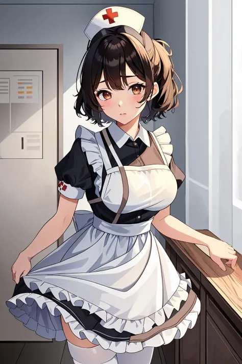 ((masterpiece, best quality, high quality)),1girl, (hospital), <lora:infirmary_v0.1:0.5> infirmary, <lora:Classic Nurse Old V2:0.8> (nurse_old_style_01, apron, nurse cap, short sleeves, striped dress, puffy sleeves, vertical stripes, nurse, white apron, puffy short sleeves, pantyhose),