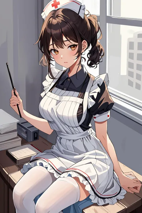 ((masterpiece, best quality, high quality)),1girl, (hospital), <lora:infirmary_v0.1:0.5> infirmary, <lora:Classic Nurse Old V2:0.8> (nurse_old_style_01, apron, nurse cap, short sleeves, striped dress, puffy sleeves, vertical stripes, nurse, white apron, puffy short sleeves, pantyhose),