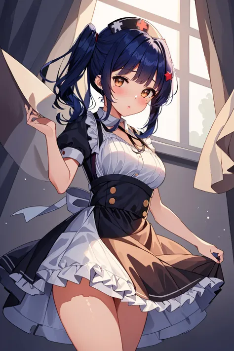 ((nsfw)),masterpiece, Highest quality, High resolution, cute、fubuki_Kantai Collection, Black Hair,Short Ponytail,Side Lock,Low Ponytail,Green Eyes,it is, 14 years、cute顔、((White frills、Maid's headband))、Are standing, Cowboy Shot, front leg pose, smile, Open your mouth, stage