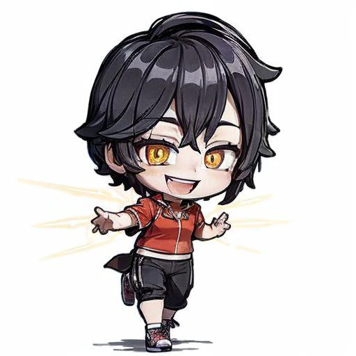 chibi emote, ika2def, (1boy:1.5), solo, brown eyes, symmetry eyes, thin eyebrows, short hair, bangs, hair over one eye, (black hair:1.5), disheveled, (beard:0.6), parted lips, ( black jacket, red shirt, pants, sneakers:1.5),image centered, rule of thirds, full body, standing, ;D, (looking at viewer, wide-eyed, open mouth, smile, white background :1.5) ,light particles, light rays, sidelighting, moody lighting, masterpiece,best quality,ultra-detailed,very detailed illustrations,extremely detailed,intricate details,highres,super complex details,extremely detailed, caustics,reflection,ray tracing,badhandv4, ng_deepnegative_v1_75t, <lora:add_detail:1> , <lora:Ikaplaytwo-09:0.9> , <lyco:GoodHands-beta2:0.8> , <lora:chibi_emote_v1:1>