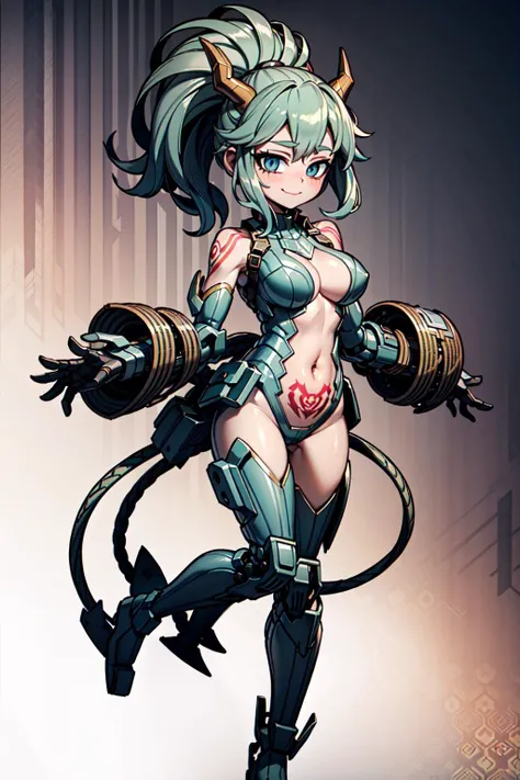 1girl, (ultra detailed:1.2), solo, (full body), (dark green hair:1.2), aqua eyes, (blush), smile, closed mouth, wind effect, ponytail, (cables:1.2), (metal horns), mecha musume, embarrassed, (navel tattoo), (navel cutout), (detailed background), 8K CG