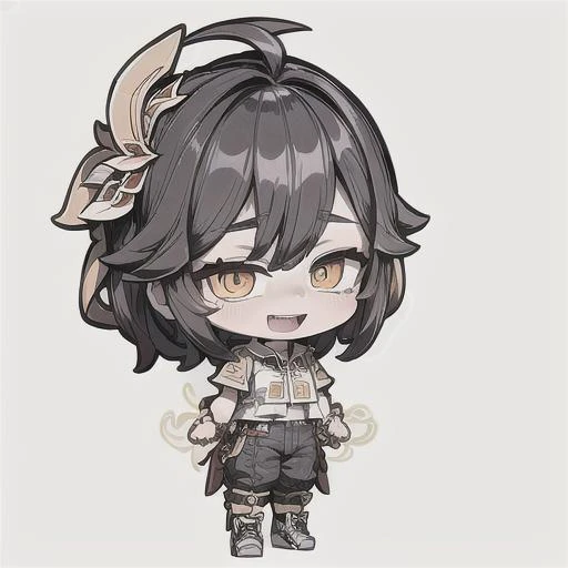 (chibi emote:1.3), 1boy,  solo, (smile:1.2), (brown eyes:1.4), symmetry eyes, thin eyebrows, (medium hair:1.4), (black hair:1.5), bangs, hair over one eye, disheveled,  parted lips, (score_9, score_8, score_7, jacket, shirt, pants, sneakers, clawed gauntlets,:D  :1.5) , (image centered, rule of thirds,full body:1.3),  (thick outlines +5:1.3), (white background:1.5),,light particles, light rays, sidelighting, moody lighting, dynamic angle, masterpiece,best quality,ultra-detailed,very detailed illustrations, extremely detailed, intricate details, highres,super complex details, extremely detailed, ,caustics,reflection,ray tracing, badhandv4, ng_deepnegative_v1_75t, <lora:add_detail:1>, <lyco:GoodHands-beta2:0.8>, <lora:Ikaplay07-000010:0.7>, ika07,   <lora:Ikaplay6-000010:0.3>, ika6   , <lora:chibi_emote_v1:1>