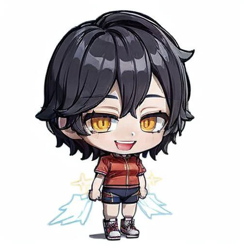 chibi emote,  ika2def,  (1boy:1.5), solo, brown eyes, symmetry eyes, thin eyebrows, short hair, bangs, hair over one eye, (black hair:1.5), disheveled, (beard:0.6), parted lips, ( black jacket, red shirt, blue pants, sneakers:1.5),image centered, rule of thirds, full body, standing, ;D, (looking at viewer, wide-eyed, open mouth, smile,  white background :1.5) ,light particles, light rays, sidelighting, moody lighting, masterpiece,best quality,ultra-detailed,very detailed illustrations,extremely detailed,intricate details,highres,super complex details,extremely detailed, caustics,reflection,ray tracing,badhandv4, ng_deepnegative_v1_75t, <lora:add_detail:1> , <lora:Ikaplaytwo-09:0.9> , <lyco:GoodHands-beta2:0.8> , <lora:chibi_emote_v1:1>