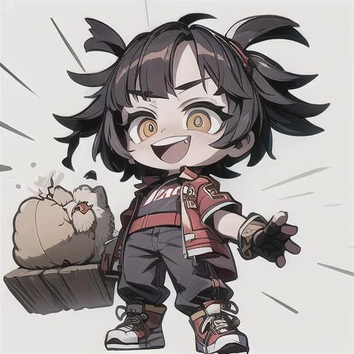 (genshin chibi emote:1.3), 1boy, solo, (smile:1.2), (brown eyes:1.4), symmetry eyes, thin eyebrows, (medium hair:1.4), (black hair:1.5), bangs, hair over one eye, disheveled, parted lips, (score_9, score_8, score_7, jacket, shirt, pants, sneakers, clawed gauntlets,:D :1.5) , (image centered, rule of thirds,full body:1.3), (thick outlines +5:1.3), (white background:1.5),,light particles, light rays, sidelighting, moody lighting, dynamic angle, masterpiece,best quality,ultra-detailed,very detailed illustrations, extremely detailed, intricate details, highres,super complex details, extremely detailed, ,caustics,reflection,ray tracing, badhandv4, ng_deepnegative_v1_75t, <lora:add_detail:1>, <lyco:GoodHands-beta2:0.8>, <lora:Ikaplay07-000010:0.7>, ika07, <lora:Ikaplay6-000010:0.3>, ika6 , <lora:genshin_chibi_emote:1>