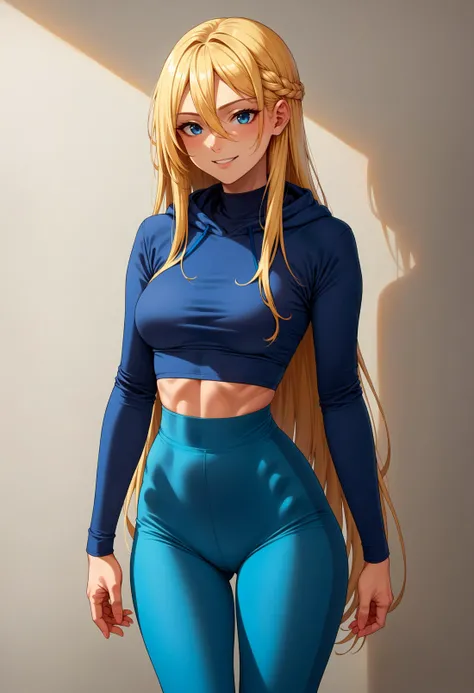 <lora:leggings_v2.6-pony:1> textured leggings, leggings, shrug \(clothing\), hooded shrug, blue leggings, turning around, twisted torso, contrapposto,, score_9, score_8_up, score_7_up, source_anime,, solo, soft smile, light smile,
katya1, 1girl, blue eyes, very long hair, blonde hair, long blonde hair, french braid, bangs, hair between eyes, medium breasts,