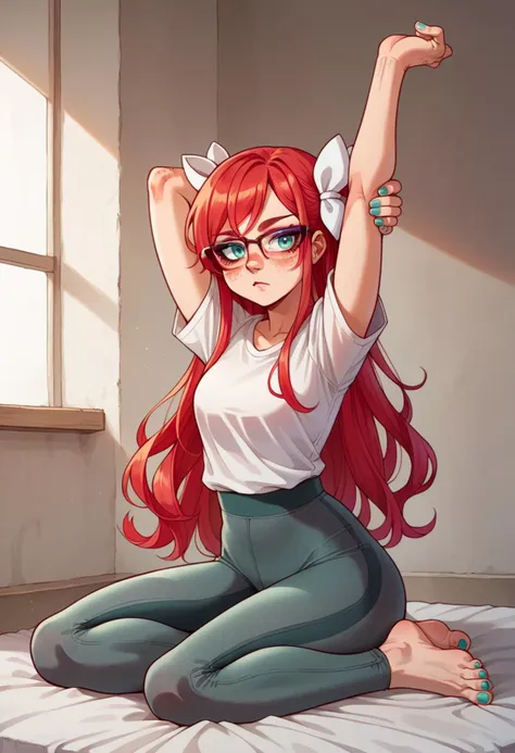 <lora:GinjaNinjaOwO (Autism SDXL):0.55> 1girl, solo, aqua eyes, long hair, red hair, freckles, glasses, hair ornaments, white ribbon, hair ribbon, eyeshadow, nail polish,  <lora:leggings_v2.6-pony:1> textured leggings, leggings, stretching, twisted torso, toes, arm behind head, holding own arm,, score_9, score_8_up, score_7_up, source_anime,