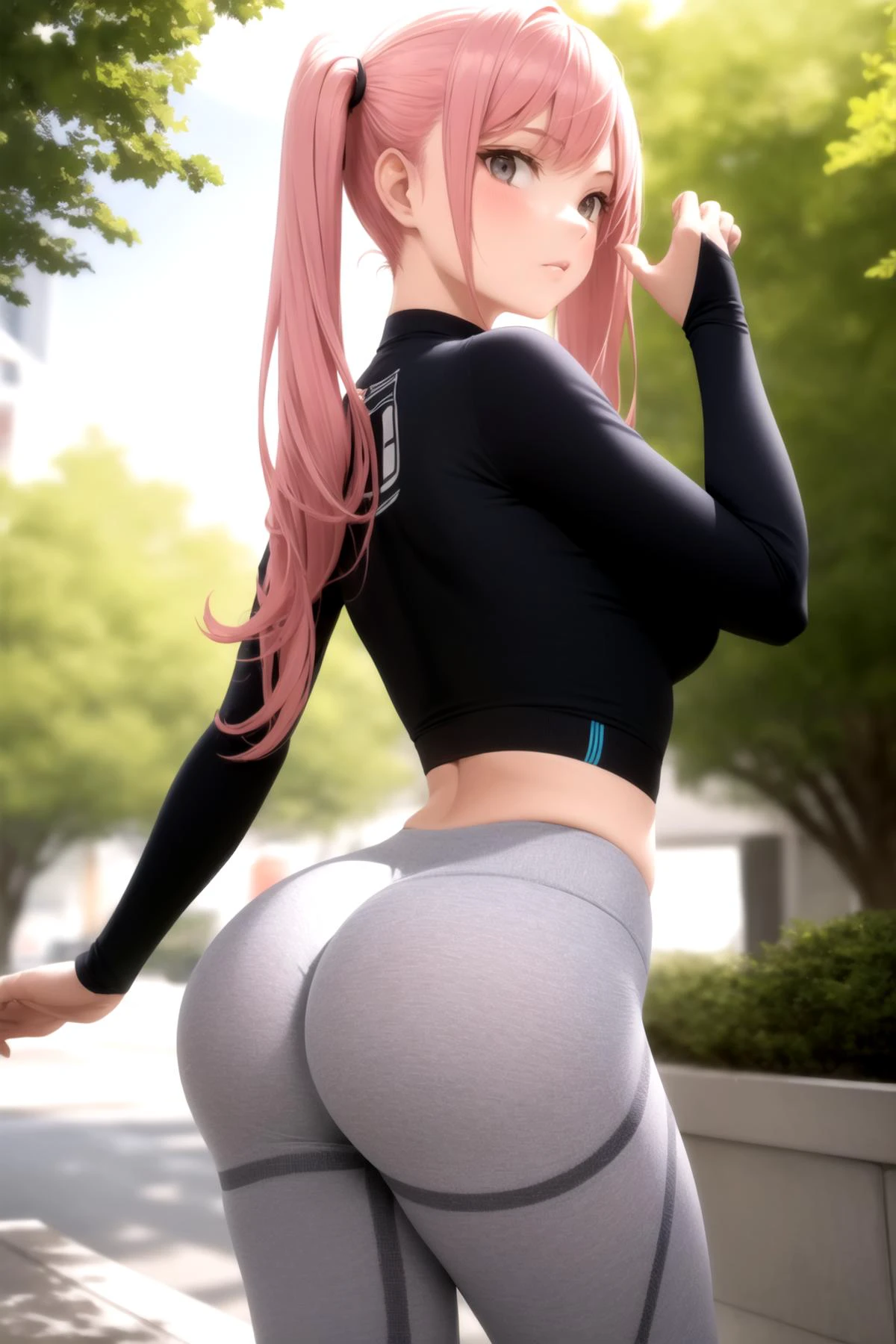 <lora:grey_leggings_v0.1:1>
1girl, yoga pants, grey pants, looking back, pink hair,
ass support, deep skin, park, tree, twintails, arched back,, masterpiece, best quality, highly detailed