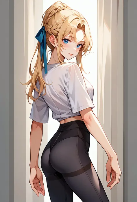 score_9, score_7_up, source_anime, solo, light smile, BREAK <lora:mxmarina:1> mxmarina, french braid, half updo, hair ribbon, <lora:leggings_v2.6-pony:1> textured leggings, leggings,