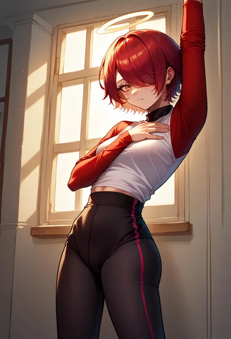 <lora:leggings_v2.6-pony:1> textured leggings, leggings, <lora:arknights_exusiai_ponyXL:1> exusiaidef, hair over one eye, halo, orange eyes, red hair, stretching, arm across chest,, score_9, score_8_up, score_7_up, source_anime,