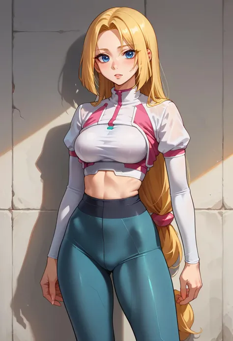 solo, score_9, score_7_up, source_anime, BREAK <lora:PraireZX:1> prairiezx, blue eyes, long hair, blonde hair, low-tied long hair, android, medium breasts,   <lora:leggings_v2.6-pony:1> textured leggings, leggings,