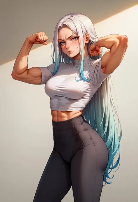 <lora:leggings_v2.6-pony:1> textured leggings, leggings, hand_up, flexing,, score_9, score_8_up, score_7_up, source_anime,, serious, 1girl, white eyes, white hair, very long hair, parted hair, parted bangs, medium breasts, gradient hair, lilac hair,