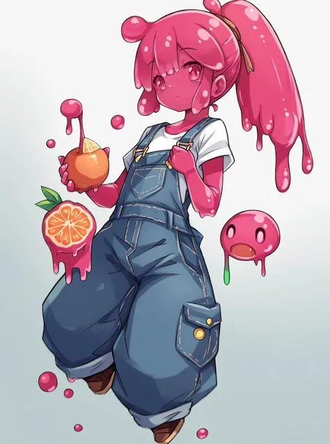 score_9, score_8_up, score_7_up, source_anime, solo, 1girl, overalls, slime girl, hair up, compound eyes, , kiwifruit, Vivitar ViviCam 6388s, karukan \(monjya\), <lora:karukan_PDXL-000002:1>
