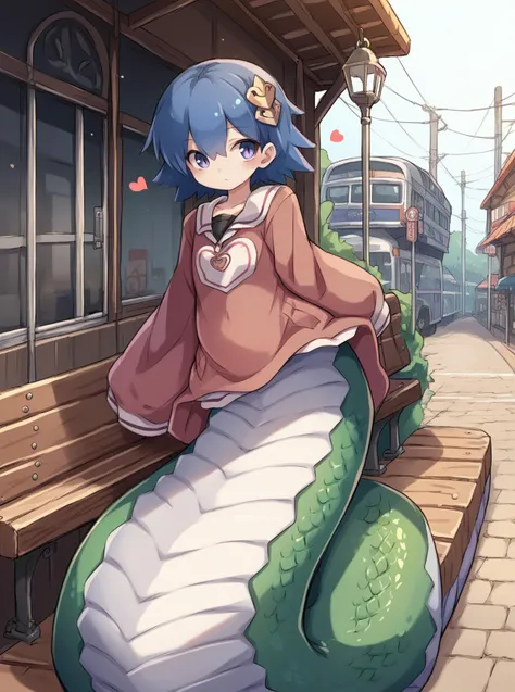 score_9, score_8_up, score_7_up, source_anime, solo, 1girl, sleeves past wrists, lamia, , , A vintage train station with worn wooden benches and a nostalgic atmosphere, heart arms, , karukan \(monjya\), <lora:karukan_PDXL-000002:1>