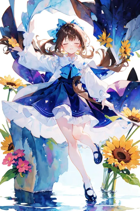 -watercolor, 1girl, solo, dress, bow, closed eyes, long hair, white background, flower, hair bow, frills, full body, ribbon, simple background, bangs, white dress, long sleeves, blue bow, brown hair, frilled dress, blue flower, shoes, leg ribbon <lora:watercolor_20230906151716-000018:0.8>