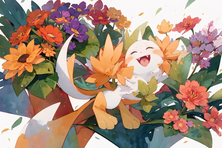 -watercolor, pokemon \(creature\), no humans, flower, open mouth, fangs, closed eyes, tongue, berry \(pokemon\), orange flower, red flower, smile, grass, white background, plant <lora:watercolor_20230906151716-000018:0.8>