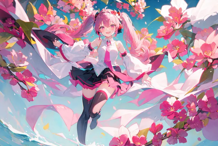 -watercolor, 1girl, long hair, skirt, pink hair, solo, flower, detached sleeves, hatsune miku, sakura miku, shirt, hair ornament, thighhighs, very long hair, pink skirt, pink eyes, looking at viewer, boots, white shirt, thigh boots, twintails, sleeveless shirt, bare shoulders, pink necktie, sleeveless, pink thighhighs, pink flower, full body, leaf, pink sleeves, cherry hair ornament, pleated skirt, pink theme, hair flower, food-themed hair ornament, smile, bangs, zettai ryouiki, necktie, hair between eyes, headphones <lora:watercolor_20230906151716-000018:0.8>