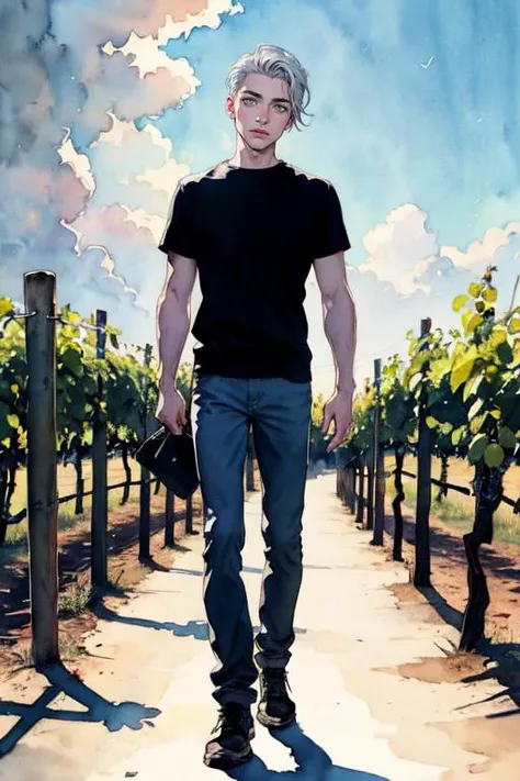 watercolor \(medium\), (best quality, masterpiece:1.3),1boy,solo,
silver hair, bright pupils, short hair, hair slicked back, full body,
mill,vineyard, cloudy sky, wide shot, circle background, watercolor <lora:watercolor_20230906151716:0.5>
