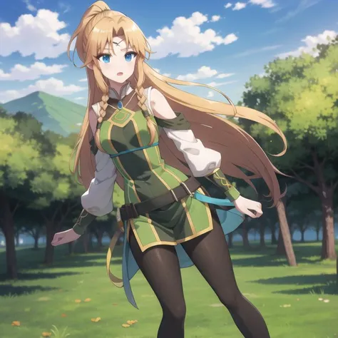 icm-muller, green dress detached sleeves pantyhose, blonde hair, long hair, twin braids, sidelocks, ponytail, blue eyes, medium breasts, full body, solo, 1girl, highres, high quality, masterpiece, many details, outdoors <lora:icm-muller-000006:0.6>