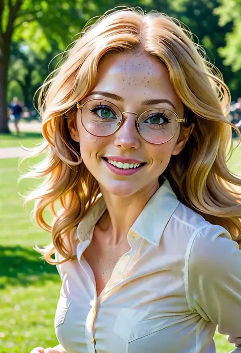 Masterpiece, DSLR, photograph, cowboy shot, contrapposto, photorealistic, realistic, running in sunny park, woman (33 years old), natural appearance, mischievous smile, fair skin, freckles, round glasses, natural green eyes, glasses, small nose, plump lips, soft pink lipstick, Golden blonde hair, long and wavy hair, black long sleeve t-shirt, bare midriff, black pleated skirt,