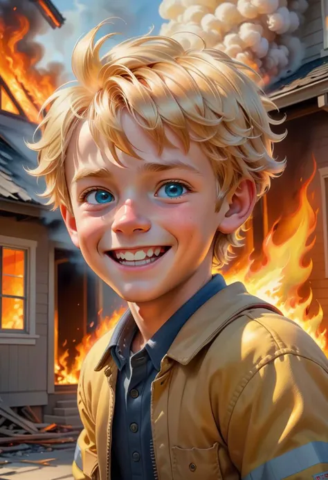 (best quality, masterpiece, colorful, dynamic angle), (house on fire), blond boy smiling slightly, eye contact with viewer, (hyper realism, soft light, dramatic light, sharp, HDR, official art, extreme detail, highest detail)