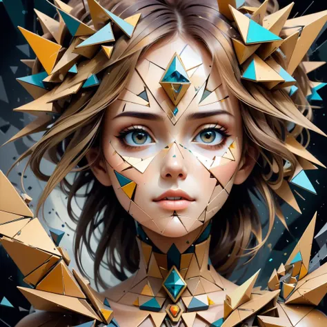 Abstract Expressionism Art, face made of triangles,  grand and complex fantasy scene, closeup portrait of Victorian girl in  (Fractured Reality:1.4) with many epic details, , High contrast, minimalistic, colorful, stark, dramatic, expressionism