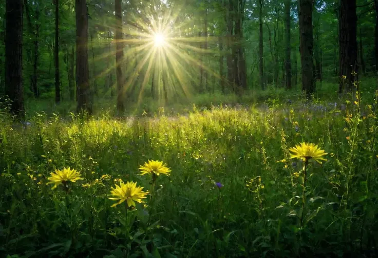 Masterpiece, DSLR, photograph, serene landscape, verdant meadow, wildflowers, [birth|life|decay], picturesque, dawn, rays of the sun piercing the forest backdrop, (sacred geometry), golden ratio, deep contrast, dark shadows, vibrant highlights, cinematic, metaphysical ambiance