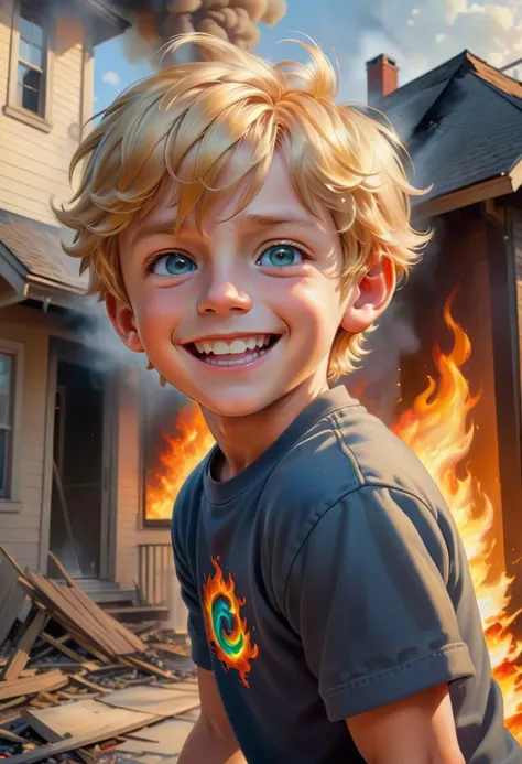 (best quality, masterpiece, colorful, dynamic angle), (house on fire), blond boy smiling slightly, eye contact with viewer, (hyper realism, soft light, dramatic light, sharp, HDR, official art, extreme detail, highest detail)