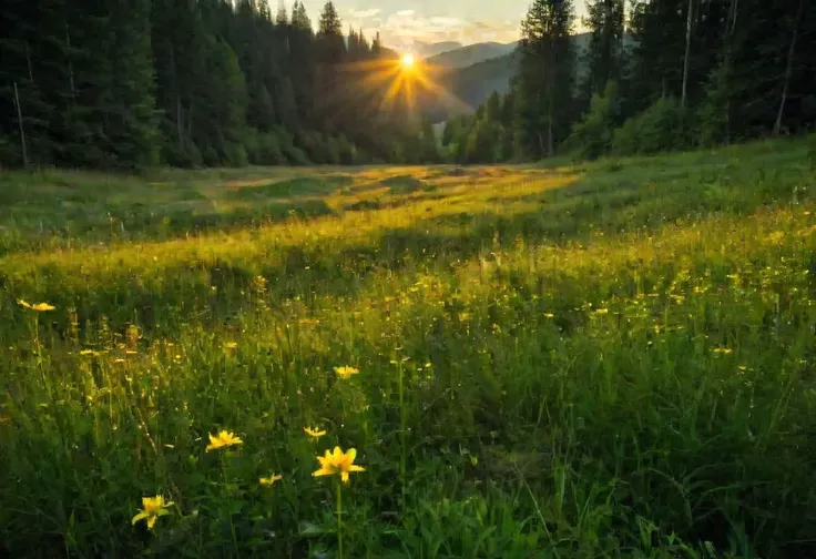 Masterpiece, DSLR, photograph, serene landscape, verdant meadow, wildflowers, [birth|life|decay], picturesque, dawn, golden hour, (sacred geometry), golden ratio, deep contrast, dark shadows, vibrant highlights, cinematic, metaphysical ambiance