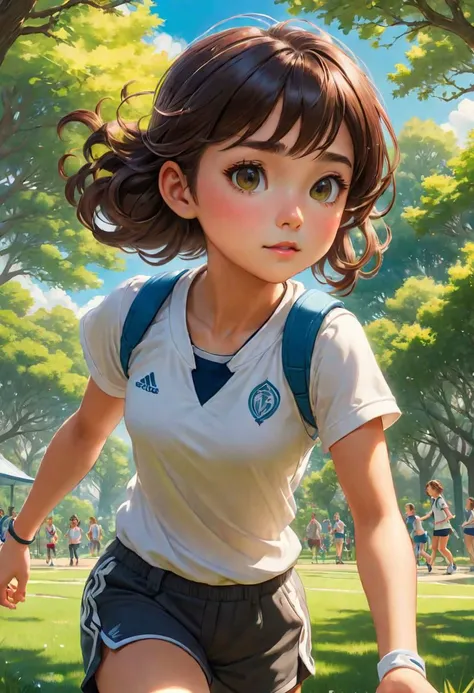 masterpiece, best quality, High quality, detailed, detailed scenery, 
Magical Realism, Athletic Tomboy, Playing in a sunny park, Spunky confidence, merging of present and past, depiction of alienation, uncanny, exquisite detail, dreamlike, Magical Realism Style