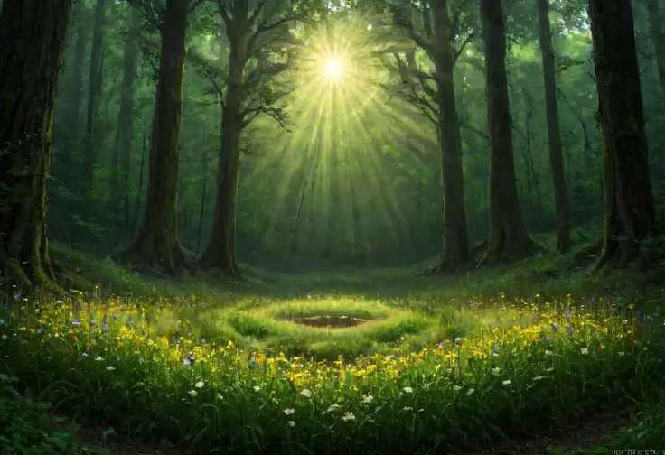 Masterpiece, DSLR, photograph, serene landscape, verdant meadow, wildflowers, [birth|life|decay], picturesque, dawn, rays of the sun piercing the forest backdrop, (sacred geometry), golden ratio, deep contrast, dark shadows, vibrant highlights, cinematic, metaphysical ambiance