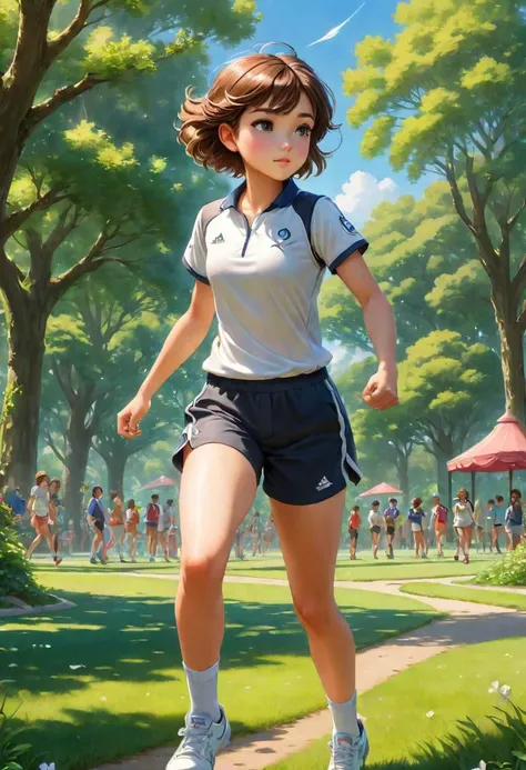 masterpiece, best quality, High quality, detailed, detailed scenery, 
Magical Realism, Athletic Tomboy, Playing in a sunny park, Spunky confidence, merging of present and past, depiction of alienation, uncanny, exquisite detail, dreamlike, Magical Realism Style