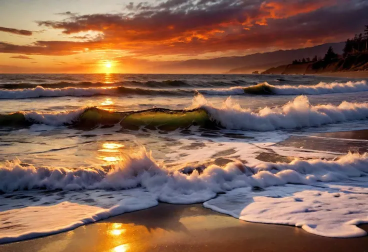 Masterpiece, DSLR, photograph, photorealistic, realistic, picturesque beach sunset, with waves crashing against the shore and a fiery sky serving as the backdrop, dynamic, cinematic detail