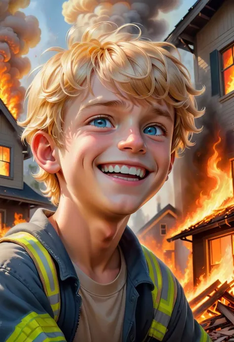 (best quality, masterpiece, colorful, dynamic angle), (house on fire), blond boy smiling slightly, eye contact with viewer, (hyper realism, soft light, dramatic light, sharp, HDR, official art, extreme detail, highest detail)