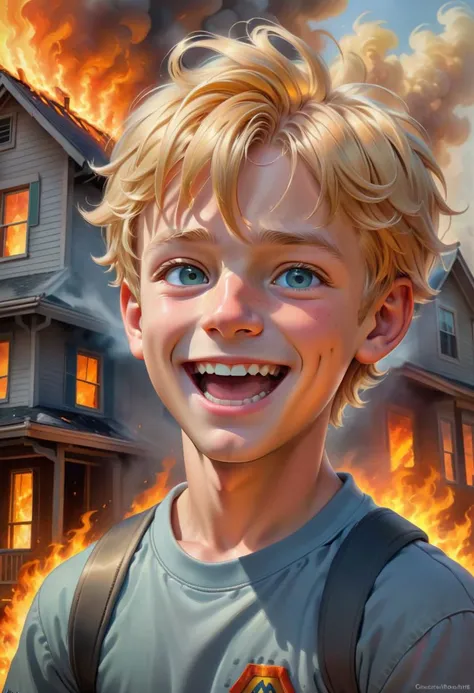 (best quality, masterpiece, colorful, dynamic angle), (house on fire), blond boy smiling slightly, eye contact with viewer, (hyper realism, soft light, dramatic light, sharp, HDR, official art, extreme detail, highest detail)