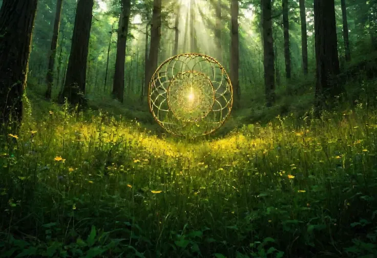 Masterpiece, DSLR, photograph, serene landscape, verdant meadow, wildflowers, [birth|life|decay], picturesque, dawn, rays of the sun piercing the forest backdrop, (sacred geometry), golden ratio, deep contrast, dark shadows, vibrant highlights, cinematic, metaphysical ambiance