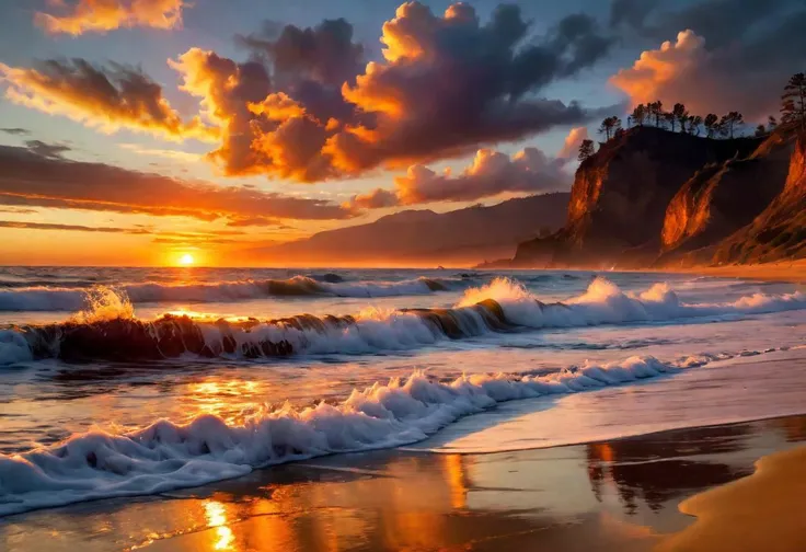 Masterpiece, DSLR, photograph, photo, cowboy shot, photorealistic, realistic, picturesque beach sunset, with waves crashing against the shore and a fiery sky serving as the backdrop, dynamic, cinematic detail