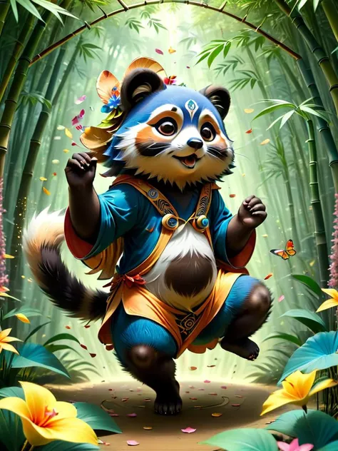 astral, Darling, tanuki, dancing on leaves and flower petals, with a bamboo forest in the background   made of ral-frctlgmtry, intricate details, colorful, magical, realism, hyperrealistic <lora:ral-frctlgmtry:1>