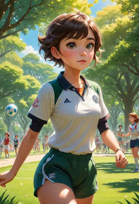 masterpiece, best quality, High quality, detailed, detailed scenery, 
Magical Realism, Athletic Tomboy, Playing in a sunny park, Spunky confidence, merging of present and past, depiction of alienation, uncanny, exquisite detail, dreamlike, Magical Realism Style