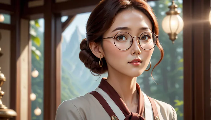cinematic film still . in the style of Norman Rockwell, Ji-won, a confident Korean woman, tall, sleek chestnut hair, glasses, tall, rings, mythic scene evoking a sense of wonder and adventure . shallow depth of field, vignette, highly detailed, high budget, bokeh, cinemascope, moody, epic, gorgeous, film grain, grainy
