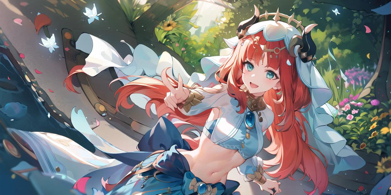 1girl, :d, looking at viewer,
dutch angle
dynamic pose,
dancing, moving rapidly,
beautiful, elegant,
<lora:nilouGenshinImpact_v10:1> nilou (neither flower nor mist) (genshin impact), aqua eyes, fake horns, red hair, long hair, crop top, jewelry, horns, veil, bracer, brooch, long sleeves, puffy long sleeves, skirt, bangs, twintails, puffy sleeves, neck ring, gold trim, parted bangs, circlet, blue skirt, hair ornament, detached sleeves, low twintails, floating hair, gem, blue gemstone, dancer, white headwear, midriff, very long hair,
around the garden, flowers, butterflies, sunlight, sunflowers, lilies, roses, nature, petals, lens flare,
<lora:Miv4t:1.2> <lora:animeStyleLoraWith_bfcsimplifierTest:-0.2>