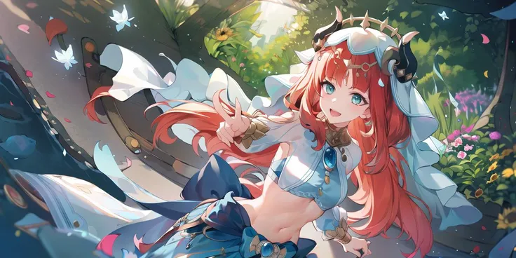 1girl, :d, looking at viewer, 
dutch angle
dynamic pose,
dancing, moving rapidly,
beautiful, elegant,
<lora:nilouGenshinImpact_v10:1> nilou (neither flower nor mist) (genshin impact), aqua eyes, fake horns, red hair, long hair, crop top, jewelry, horns, veil, bracer, brooch, long sleeves, puffy long sleeves, skirt, bangs, twintails, puffy sleeves, neck ring, gold trim, parted bangs, circlet, blue skirt, hair ornament, detached sleeves, low twintails, floating hair, gem, blue gemstone, dancer, white headwear, midriff, very long hair,
around the garden, flowers, butterflies, sunlight, sunflowers, lilies, roses, nature, petals, lens flare,
 <lora:Miv4t:1.2> <lora:animeStyleLoraWith_bfcsimplifierTest:-0.2>